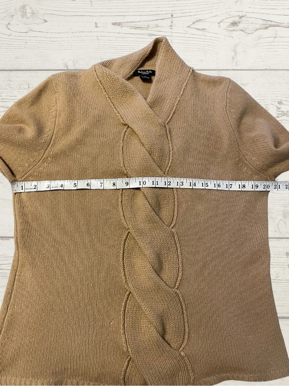 MADISON STUDIO Women's XL Tan 100% Cashmere Shawl Collar Cable Knit Sweater Top - Picture 10 of 15